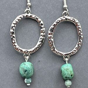Silver Hammered Hoop and Authentic Turquoise Dangle Drop Earrings